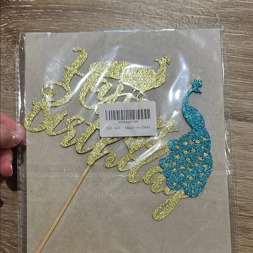 Glittery Gold and Blue Peacock Cake Topper - happy birthday